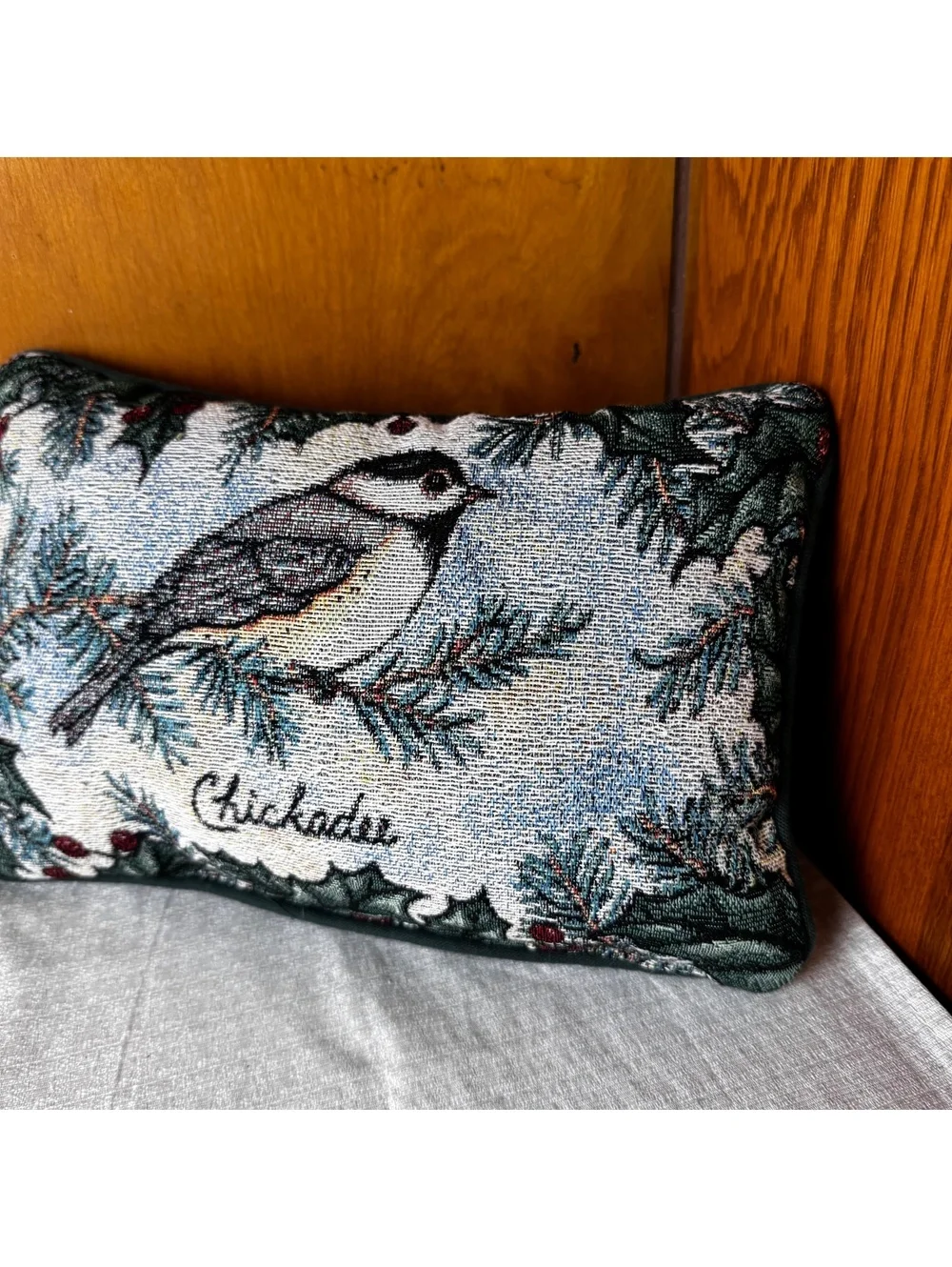 Vintage Chickadee Tapestry Pillow 8x12 Christmas Winter Bird Accent Pillow